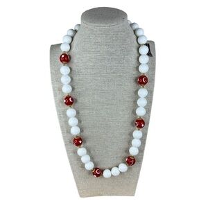 Vintage NEW Lucite Beaded Necklace White Red Painted Retro